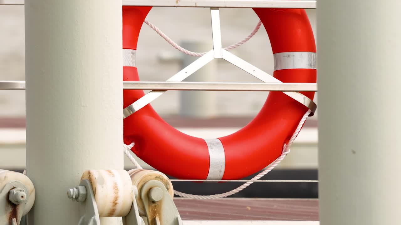 Close-up of a red and white life buoy attached to a boat railing, featuring metal bolts and a vertical pole.