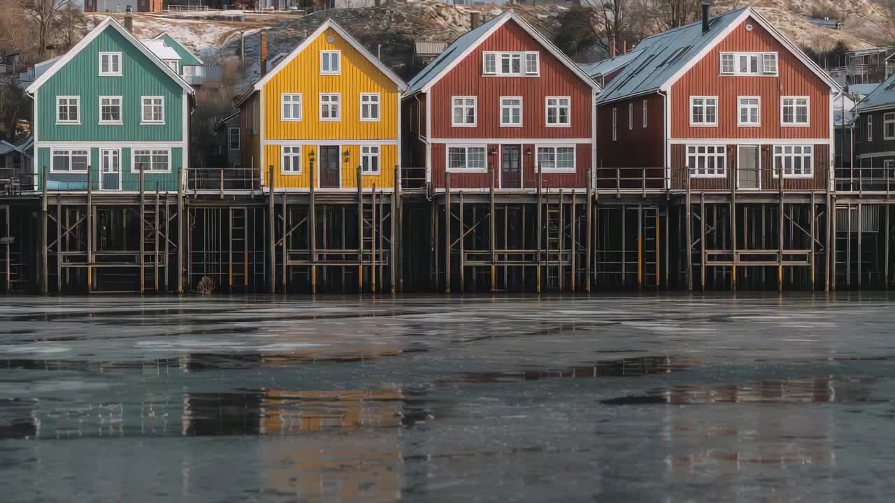 Cámara acercándose y enfocando una fila de cuatro palafitos en el muelle, mostrando reflejos de hielo
