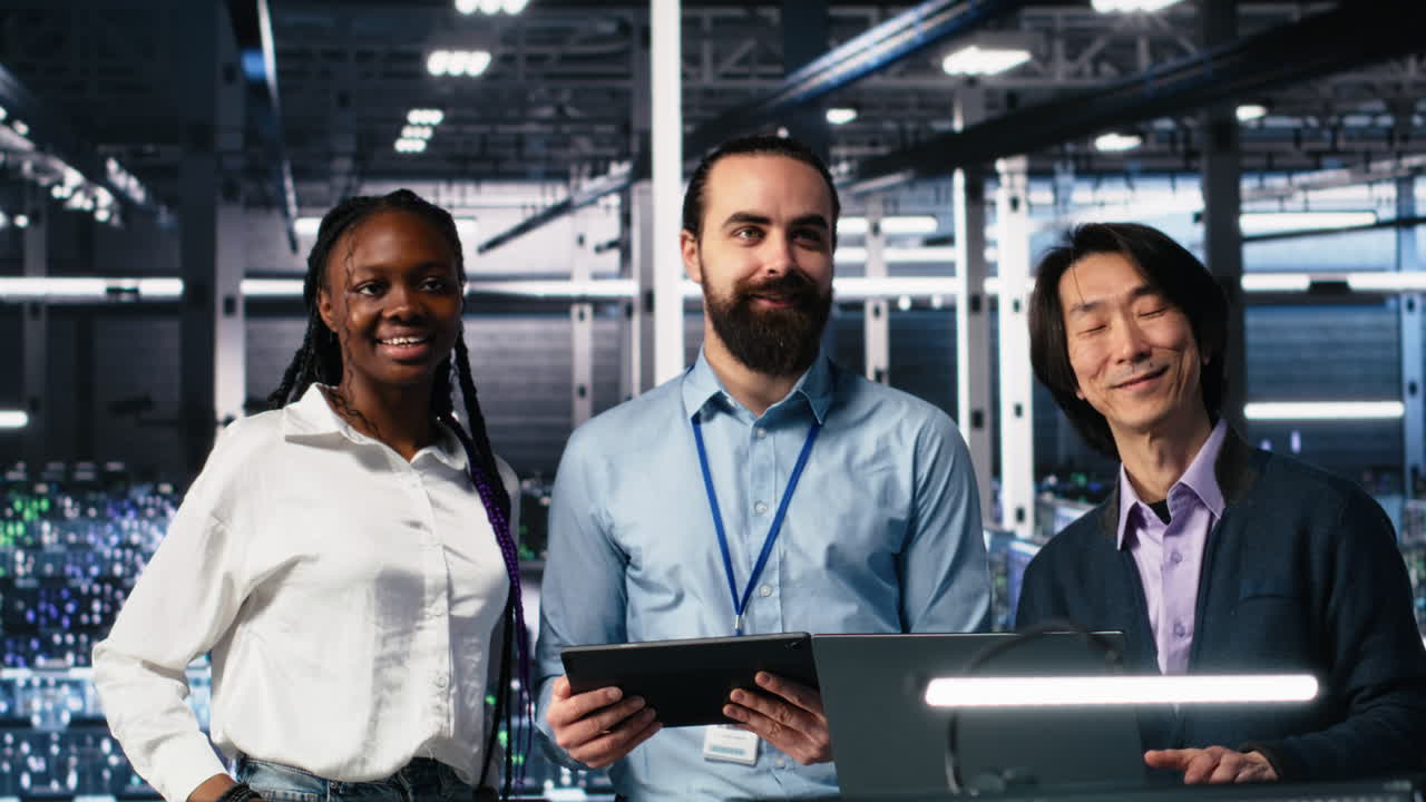 Portrait Of Smiling Engineers In Server Room Using Ai
