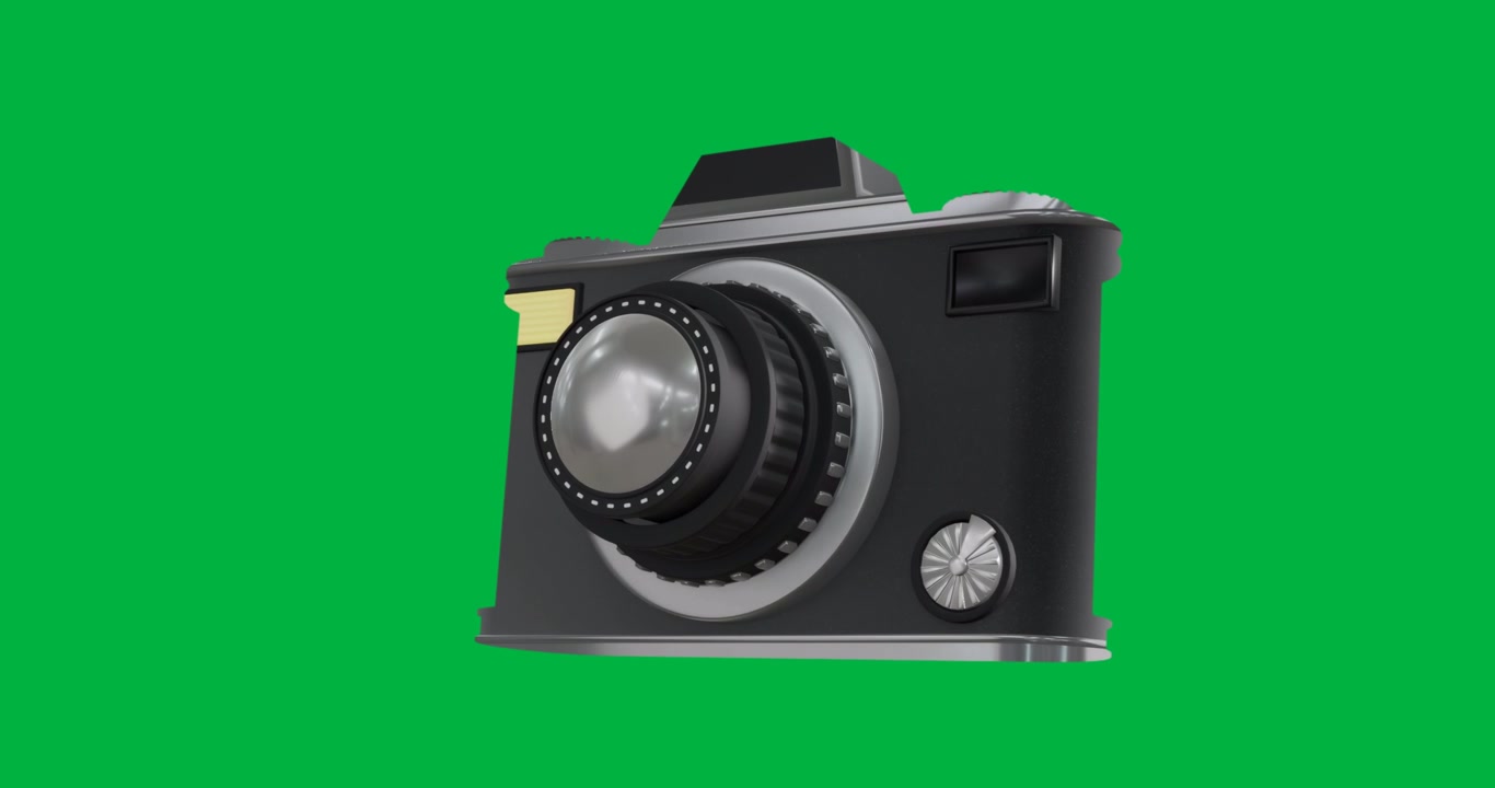 On start 3D-rendered film camera rotating right and left showing details on transparent backdrop