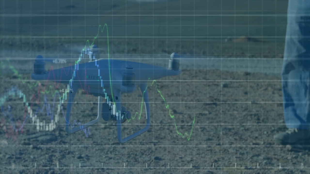 Person in jeans standing with drone on rocky field, showing stock charts and percentages