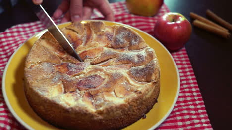 cuchillo cortando un pedazo de pastel. cortando pastel de manzana recién horneado con un cuchillo de cocina