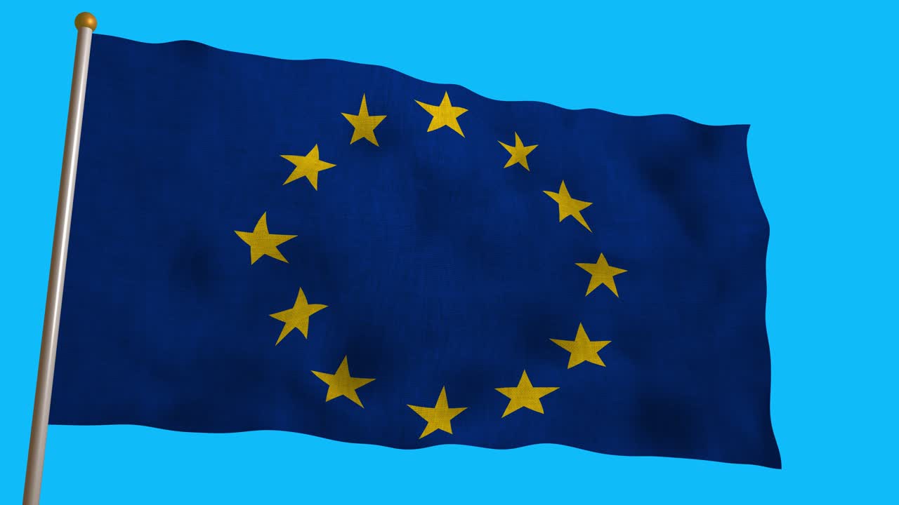Loop continuo della bandiera dell'Unione Europea che sventola contro un cielo azzurro brillante. Rendering 3D di alta qualità per notizie europee, eventi internazionali e concetti di unità.