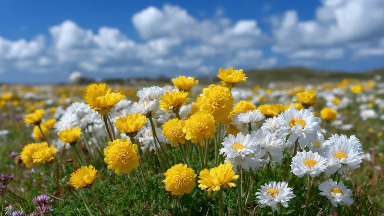 A vibrant display of yellow and white flowers blooming in a sunny meadow under a bright blue sky, showcasing nature's beauty and diversity in full splendor