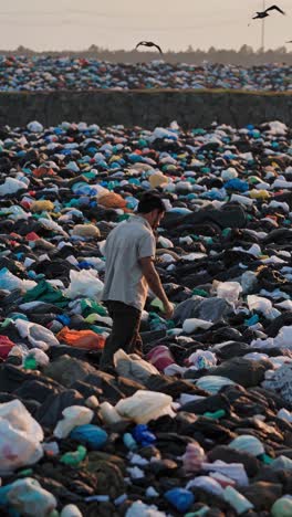 hardworking landfill worker sorting through massive pile of garbage bags while searching for recyclable materials, surrounded by flying birds during dramatic sunset light