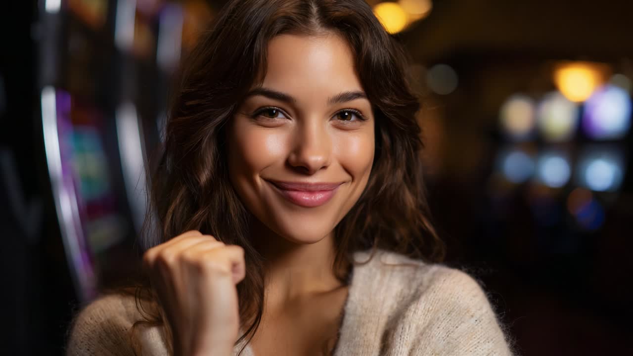 An Upbeat Moment of Triumph and Joy Captured in Two Frames, Featuring a Smiling Young Woman in a Casino Environment, Radiating Confidence and Happiness While Celebrating a Small Victory at the Slot Machines