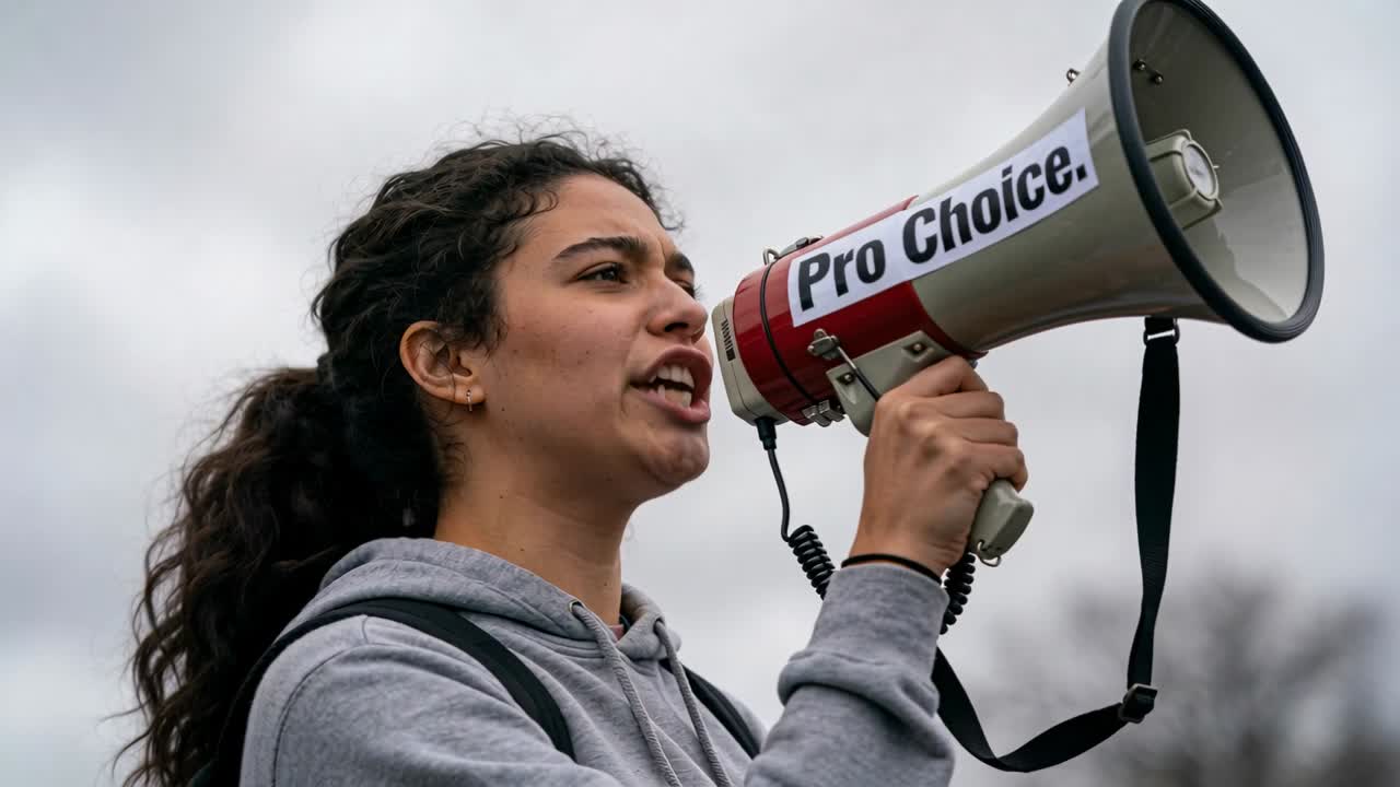 Premendo il pulsante del microfono, attivista che parla in un megafono Pro Choice a una manifestazione, felpa con cappuccio grigia