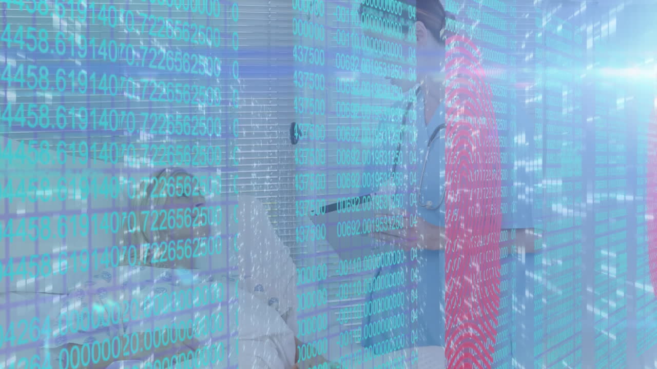 Medical professional working with patient over digital data processing animation