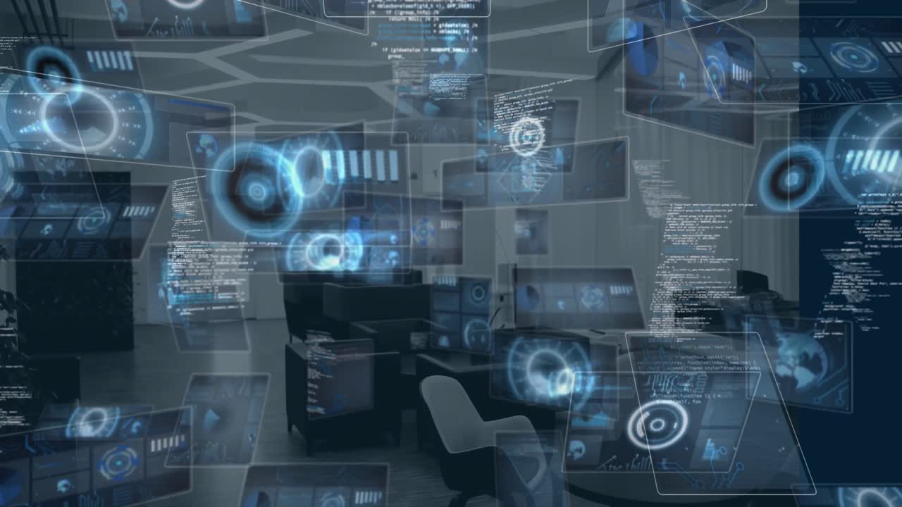 Animation of multiple round scanners and data processing against empty office