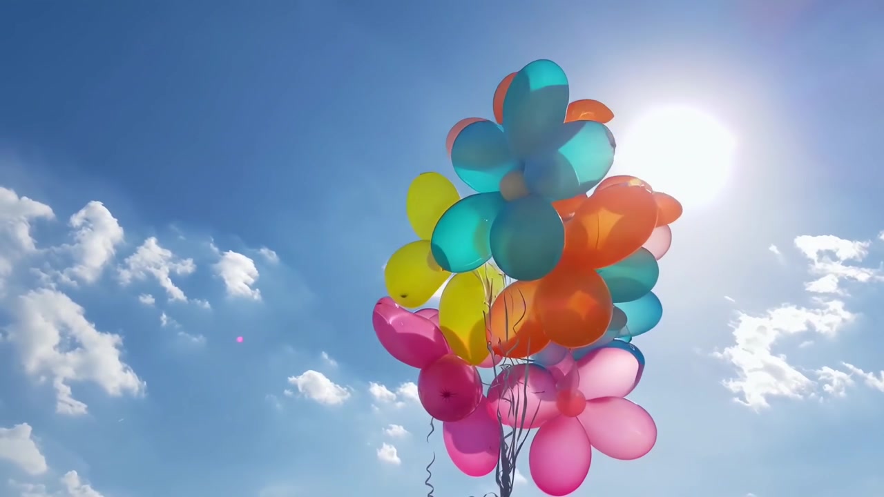 Palloncini a forma di fiore colorati che fluttuano in un cielo blu soleggiato