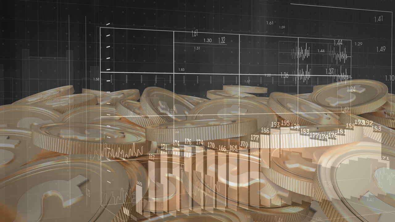 검은색 바탕에 있는 달러 동전 위의 금융 데이터 처리 애니메이션