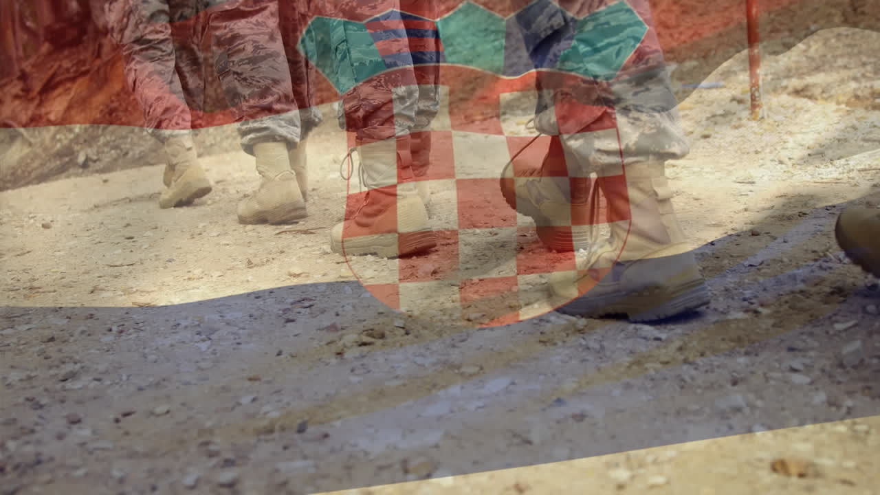 크로아티아의 발이 행진하는 군인들의 낮은 부분 위에 흔들리는 애니메이션