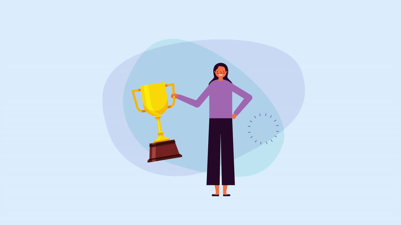 young businesswoman with trophy cup award