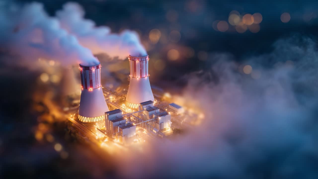 Luftfoto af industrielt kraftværk om natten med damp og skarpe lys, der indfanger essensen af moderne energiproduktion og infrastruktur