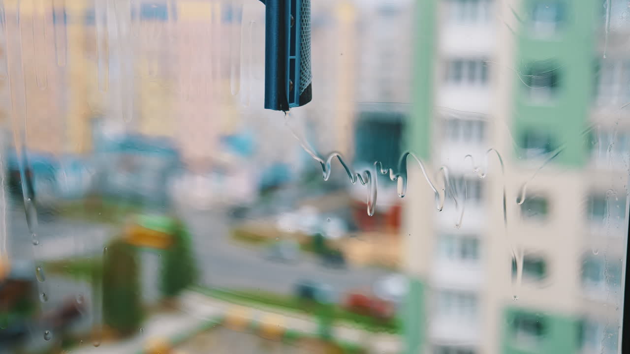 Man's hand with special brush cleaning window. Worker is washing dirty window glass with a liquid and wiping it in a flat of multi-storey building.
