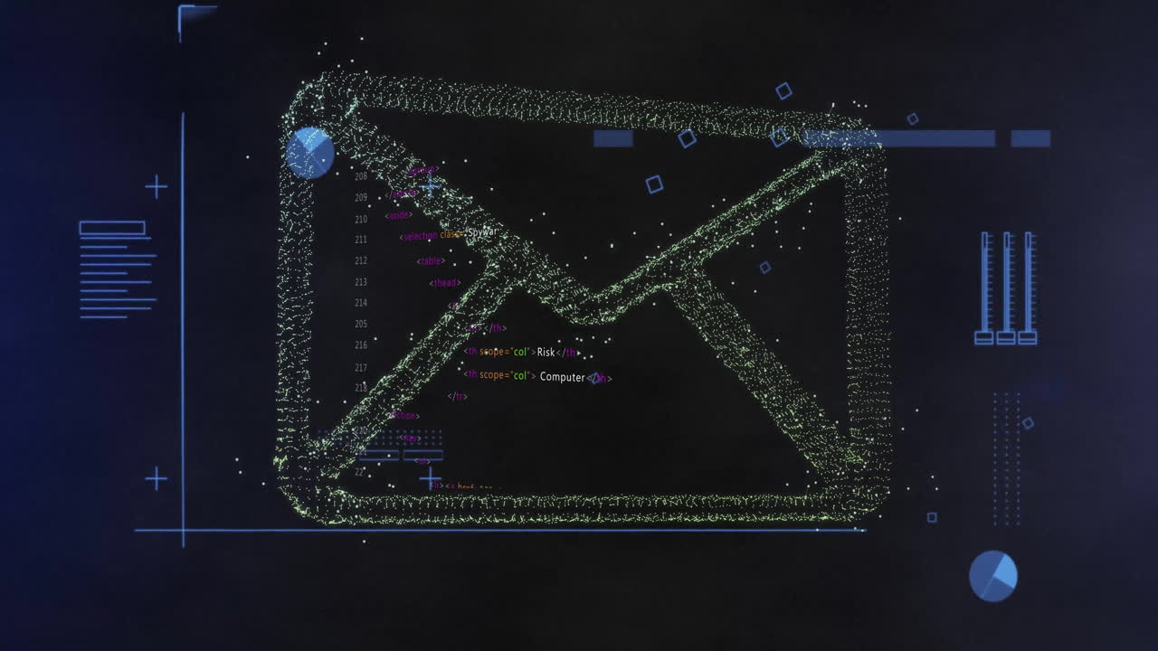 Email security and data encryption animation over computer code background
