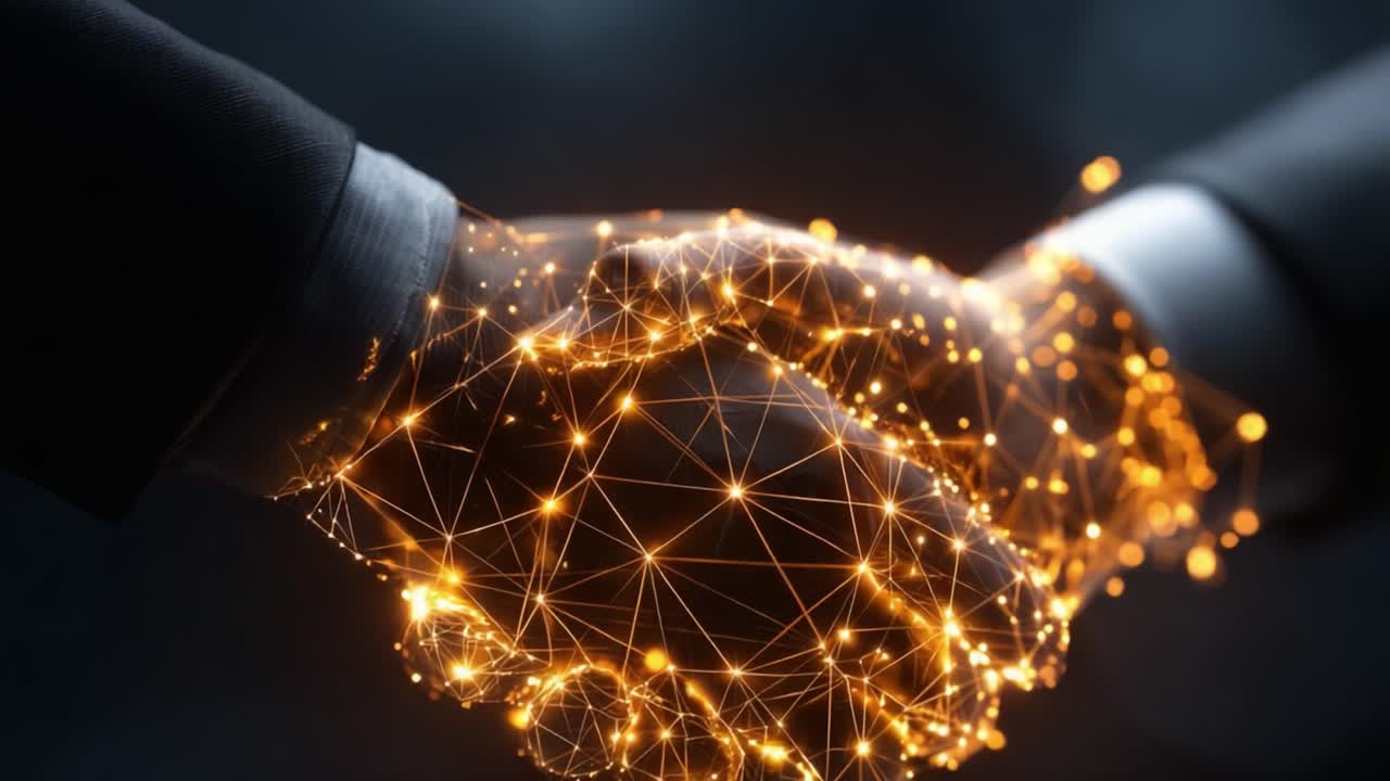 A Symbolic Digital Handshake Representing Unity, Collaboration, and Innovation in a Technological Landscape with Abstract Network Elements