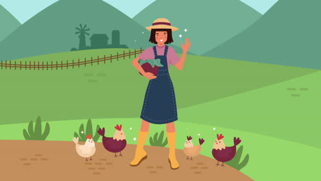 happy farmer woman with cabbage and chickens