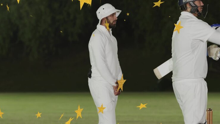 Uomo barbuto sul campo da cricket che sposta lo sguardo mentre il battitore entra, stelle gialle che fluttuano sui giocatori