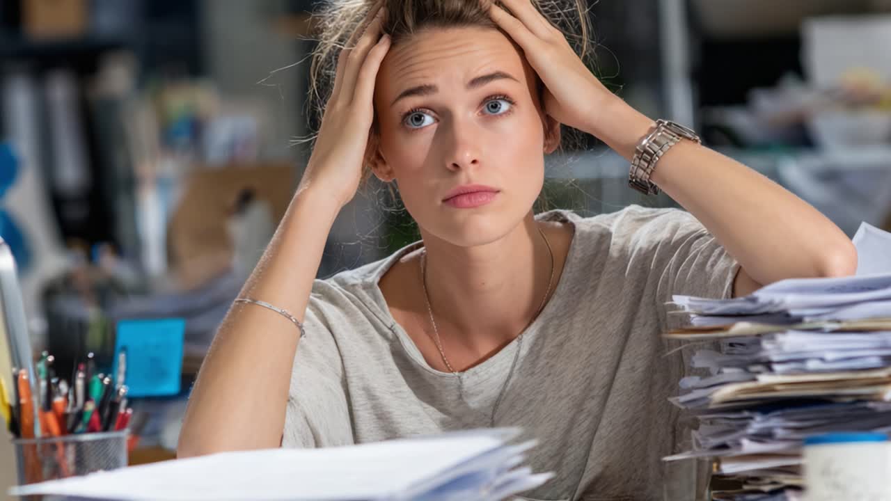 Young Woman Experiencing Stress and Overwhelm at Work Surrounded by Papers and Files, Reflecting the Challenges of Modern Office Environments