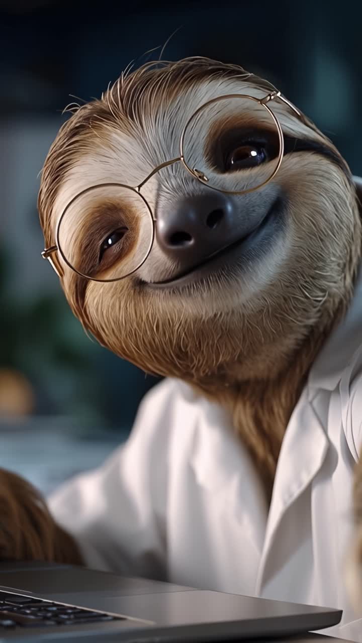 Un affascinante bradipo in camice da laboratorio bianco e occhiali, che mostra un sorriso amichevole mentre è seduto davanti a un laptop, incarnando curiosità e intelligenza in modo giocoso.