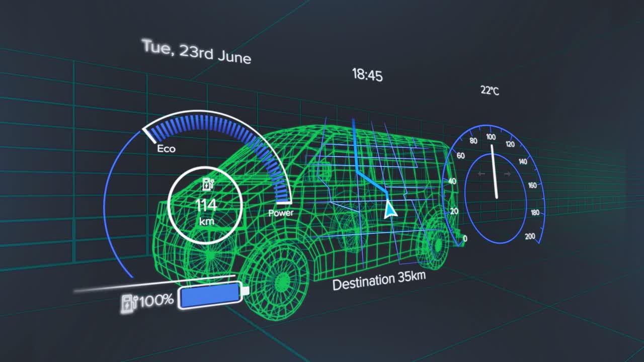 Animation of speedometer, gps and charge status data on vehicle interface, over 3d van model