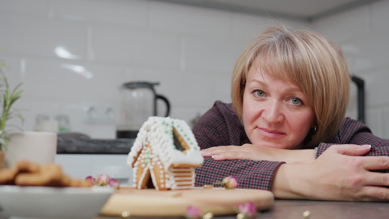 молодая женщина прислонилась к столу, глядя на красиво украшенный дом из имбирного хлеба с нежной улыбкой, уютная кухня с теплым освещением