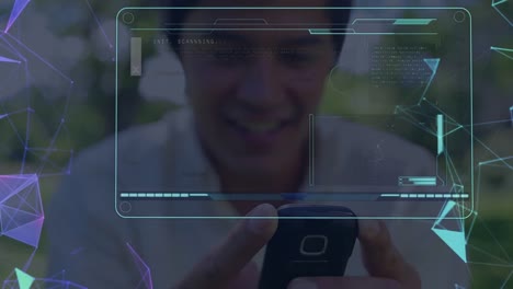 Digital-interface-with-data-processing-against-asian-man-using-smartphone-outdoors