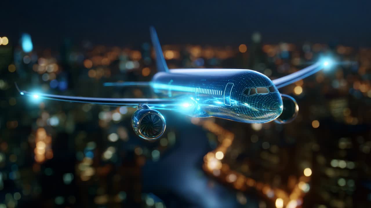 Stunning Futuristic Airplane Concept in a Neon Cityscape - Aerial View of Innovative Aircraft Illuminating the Night Sky with a Touch of Technology and Vibrant Urban Lights Below