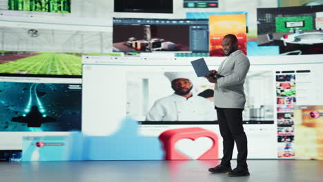 vertical video joyful man using streaming services on laptop