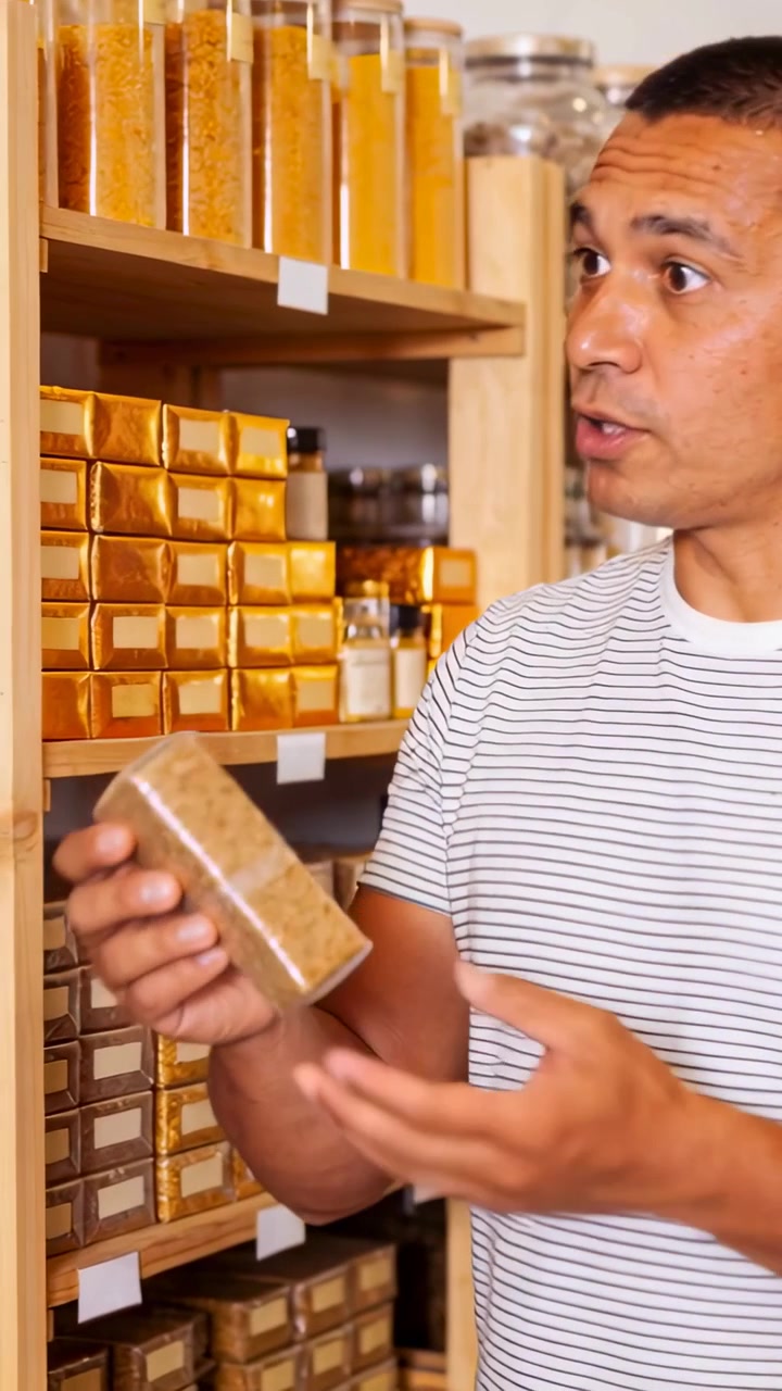 Vertical video: Customer asking, man in striped T showing bar at shop, handing product, copy space