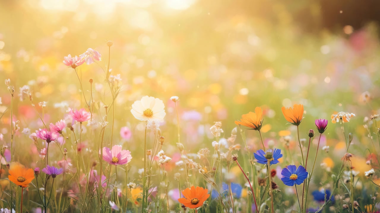Serene Meadow of Colorful Wildflowers Bathed in Golden Sunlight