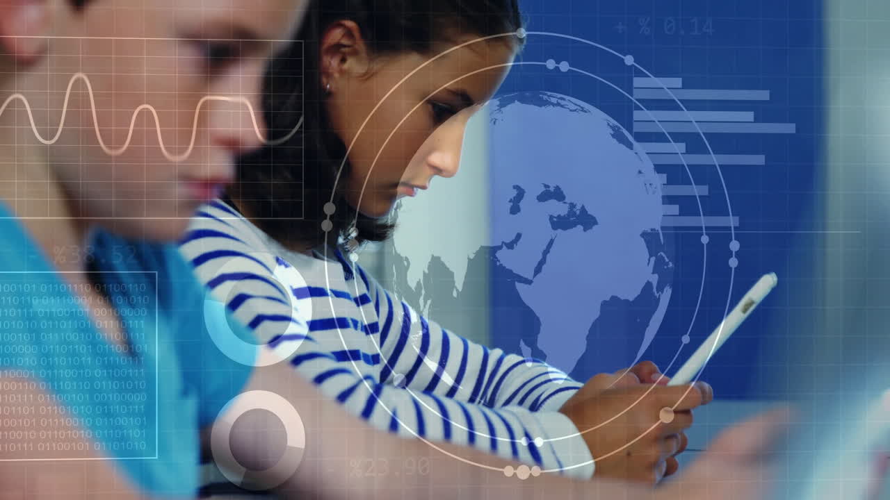 Children using tablets with digital globe and data processing animation overlay