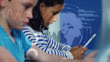 children using tablets with digital globe and data processing animation overlay