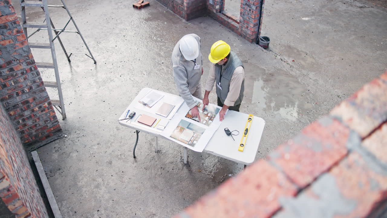 Construction workers reviewing blueprints on a construction site
