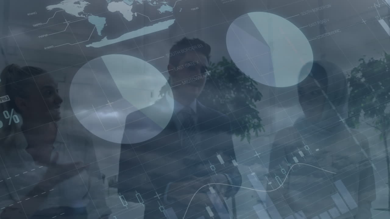 Animation of financial data processing over diverse group of business people