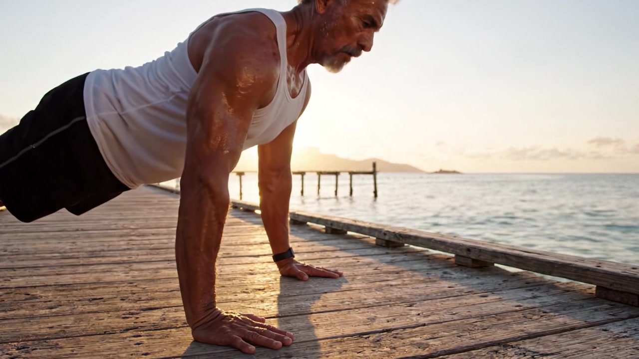 Appassionato di fitness senior dedicato che esegue flessioni intense all'alba in riva a un tranquillo specchio d'acqua, abbracciando salute e vitalità in un ambiente esterno sereno