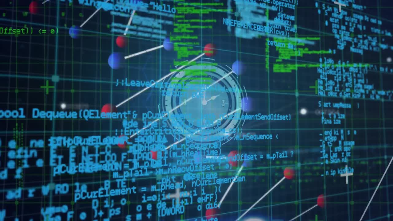 Animation of dna strand and data processing with clock on black background