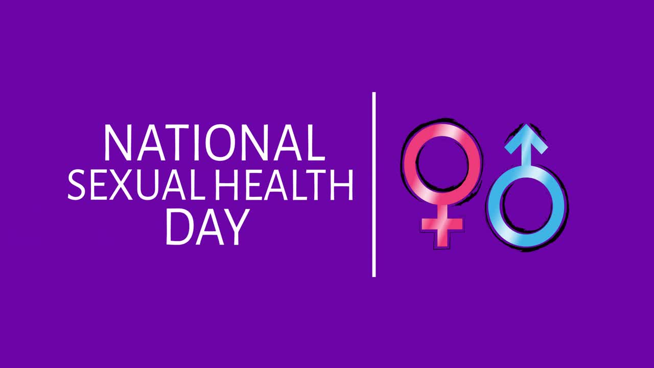 animación del texto y los iconos del día nacional de la salud sexual sobre un fondo púrpura