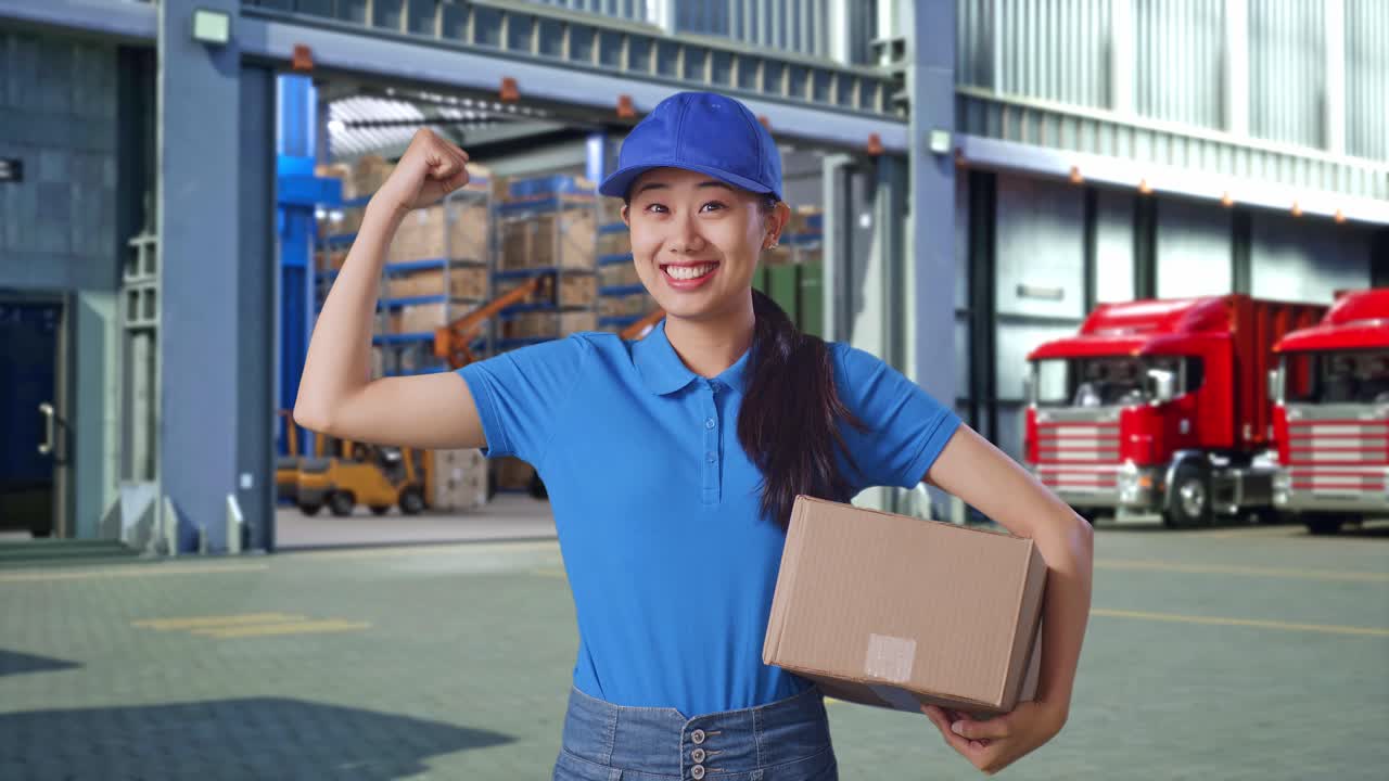 Asian Female Courier In Blue Uniform Smile And Flex Muscle While Delivering A Carton, Outside Warehouse