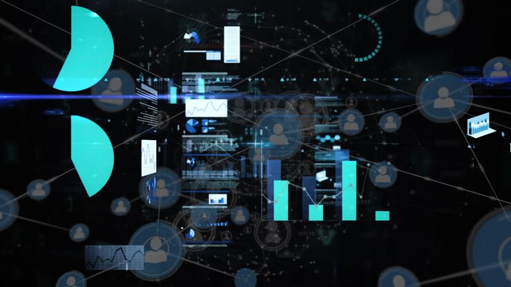 Animation of data processing and media icons over cityscape