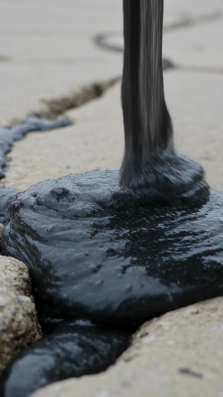 Video verticale: Un tubo fuori campo versa catrame nero che sigilla la giuntura di un pavé, con una roccia che guida il cordone.