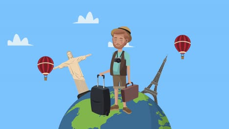 male tourist with suitcase and landmarks in earth planet