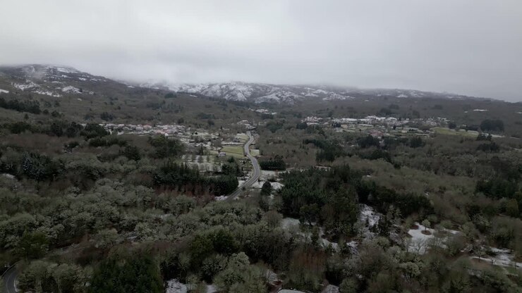 Villaggio innevato con vegetazione invernale e montagne innevate all'orizzonte sotto un cielo nuvoloso a Picornio, in Galizia