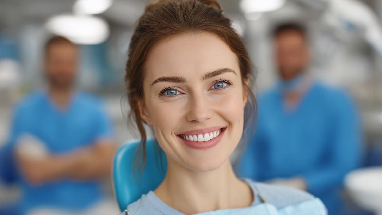 Paziente Dentale Sorridente in un Ambiente Clinico Moderno: Un'Esperienza Positiva con Dentisti Professionisti Concentrati su Cura e Comfort.