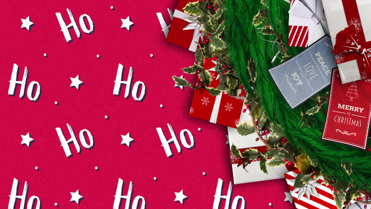 animación de ramas de abeto y regalos sobre texto ho ho