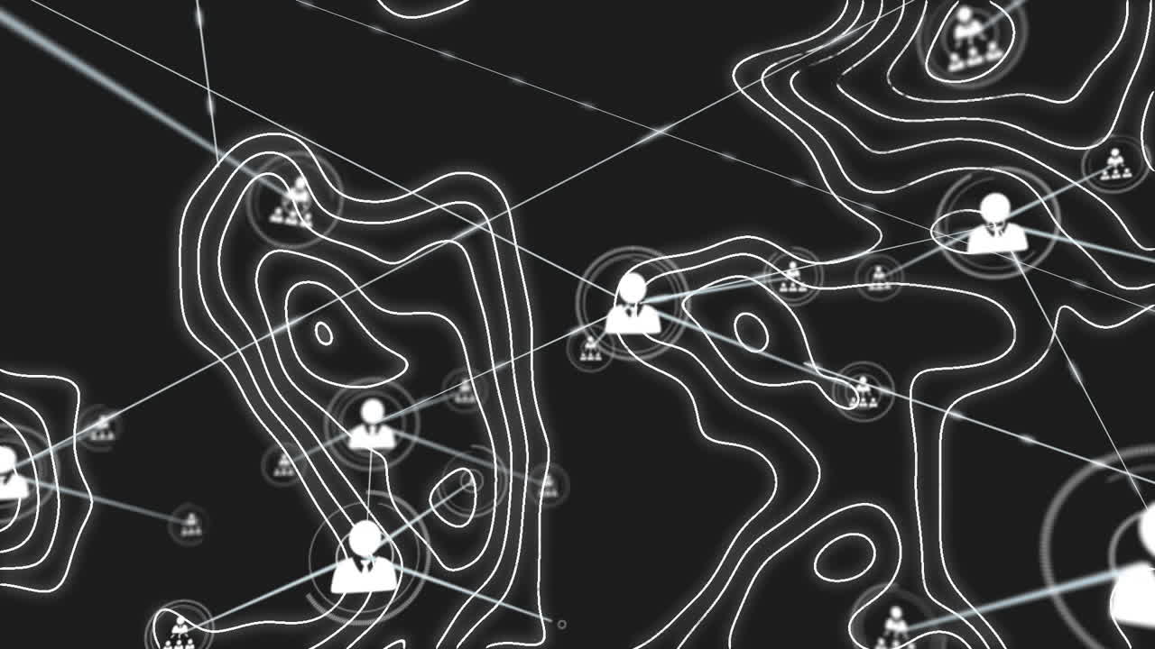 검은 바탕에 아이콘과  선을 가진 연결 네트워크의 애니메이션