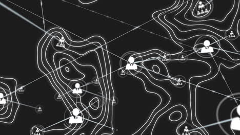 animation of network of connections with icons and white lines over black background