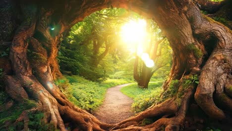 a path through a forest with a large tree in the middle of it