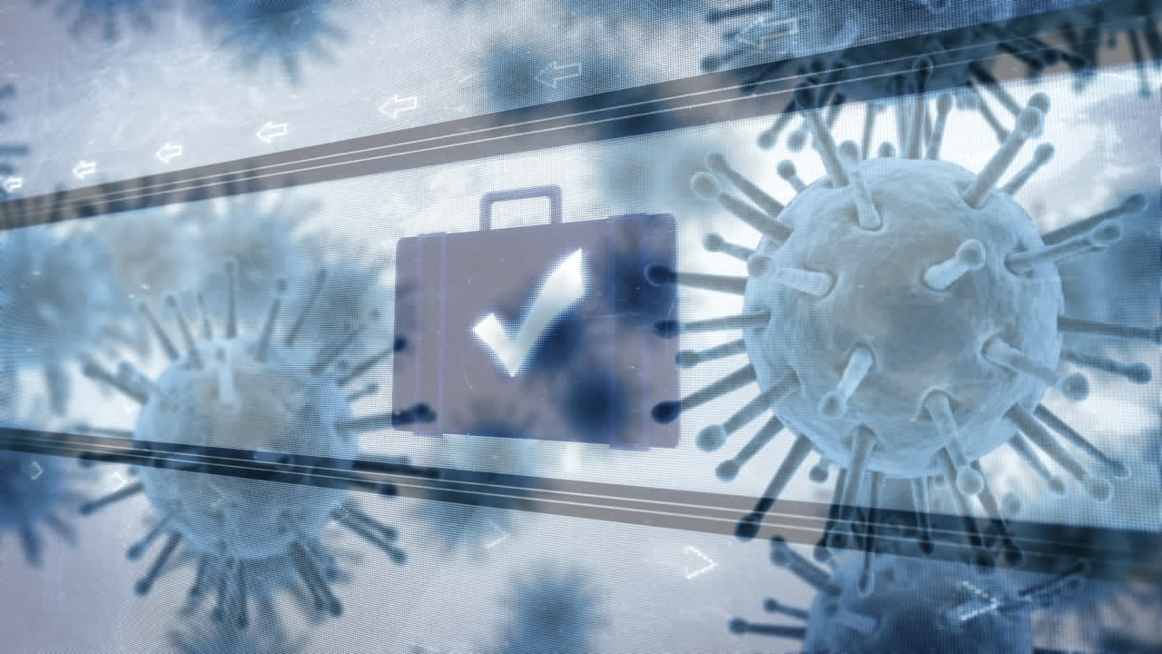 파란색 기호 위에 퍼지는 거대 코로나바이러스 코로나19 세포의 애니메이션